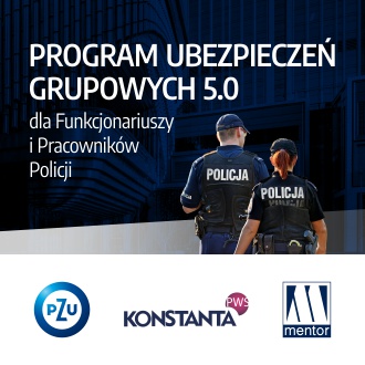 Baner programu ubezpieczeń grupowych Policja 5.0 dla funkcjonariuszy i pracowników Policji — partnerzy: PZU, Konstanta, Mentor